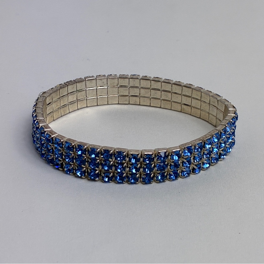 Blue Rhinestone Bracelet Three Row Expansion Band 7 Inch Stretchy - Picture 6 of 10